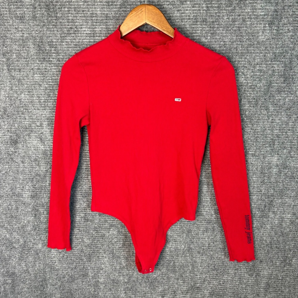 Tommy Jeans Red Ribbed Bodysuit Mock Neck Long Sleeve Y2K Logo Top Small